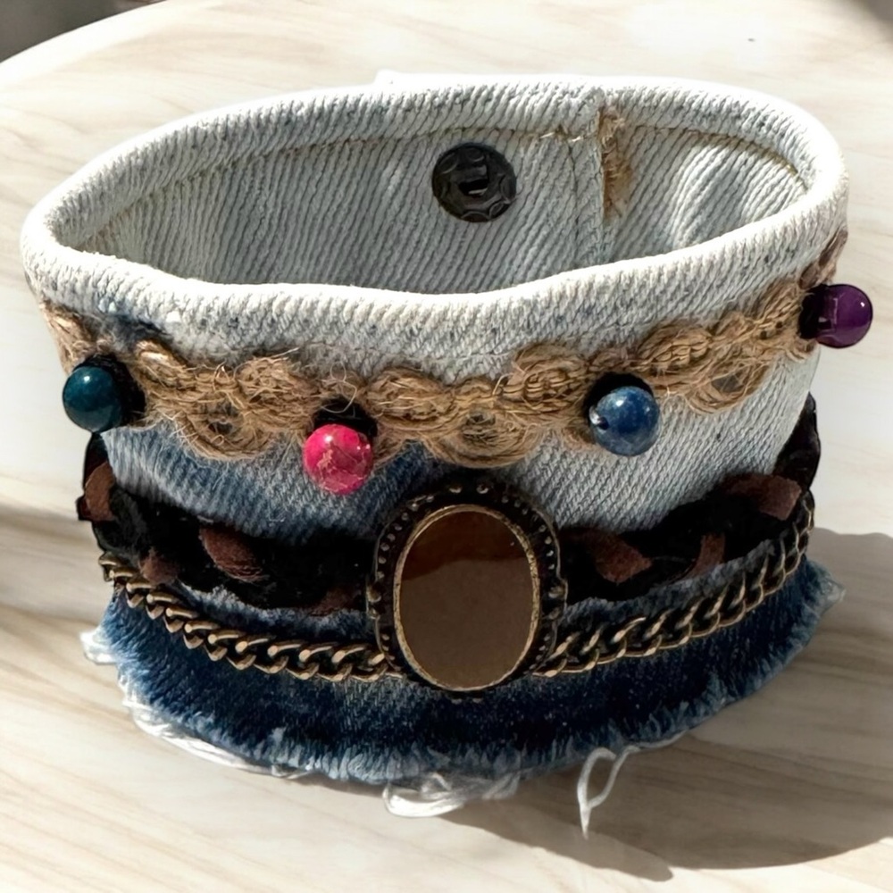 Frayed Denim Cuff Bracelet with Semi-Precious Stones beads Boho 9” long